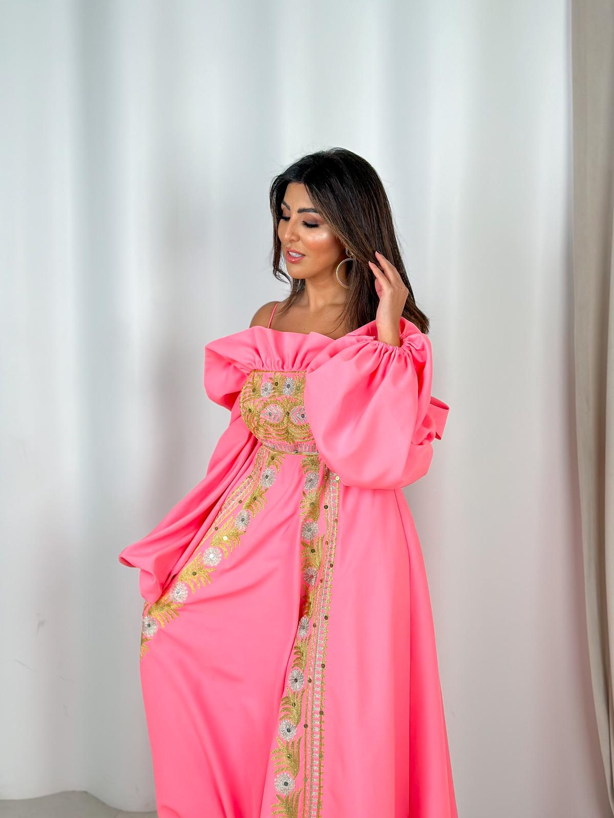 Pink Off-Shoulder Crepe Dress with Silver and Gold Embroidery