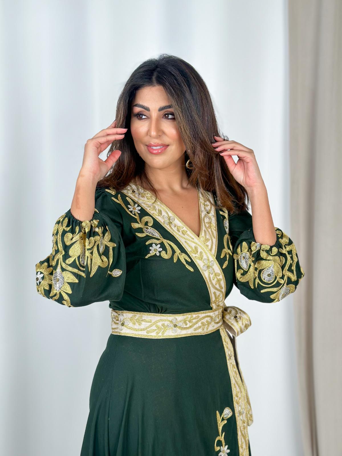 Green and Beige Embroidered Wrap Dress with Border Detail