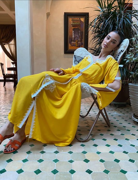 Elegant Mustard Yellow Home Caftan in Light Cotton with White Sfifa and Delicate Embroidery