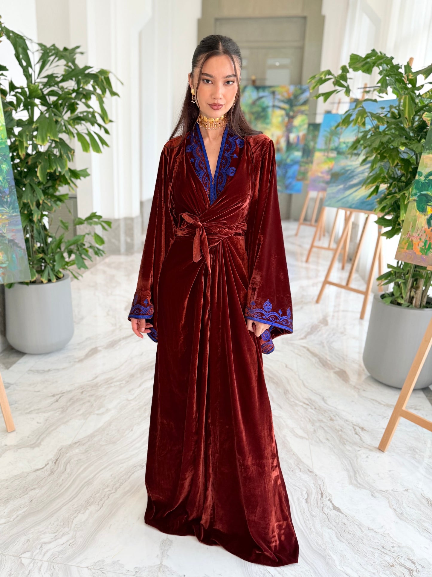 Burnt Brown Velvet Kaftan with Blue Metallic Embroidery