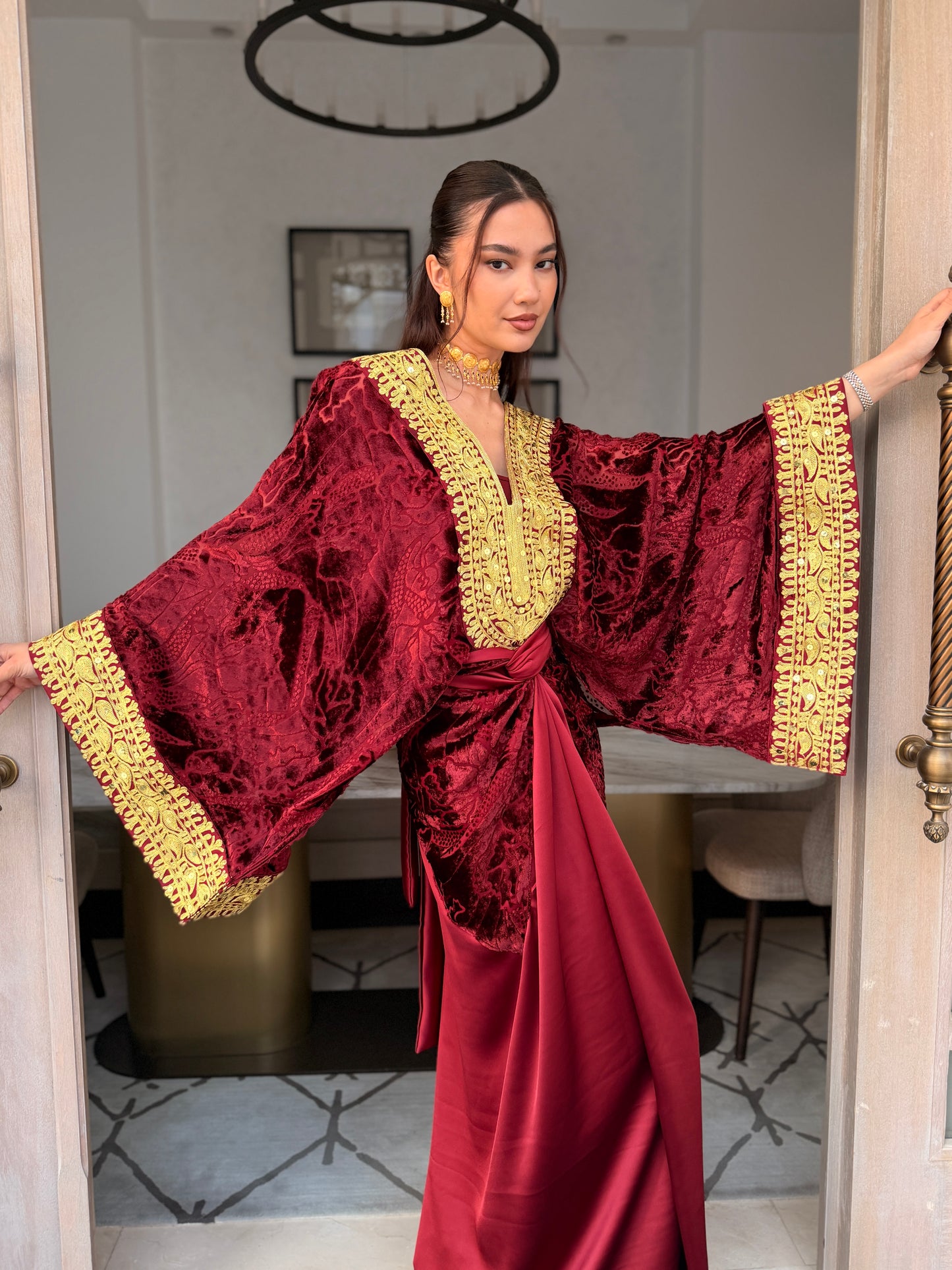 Burgundy Velvet Devoré Kaftan with Gold Embroidery
