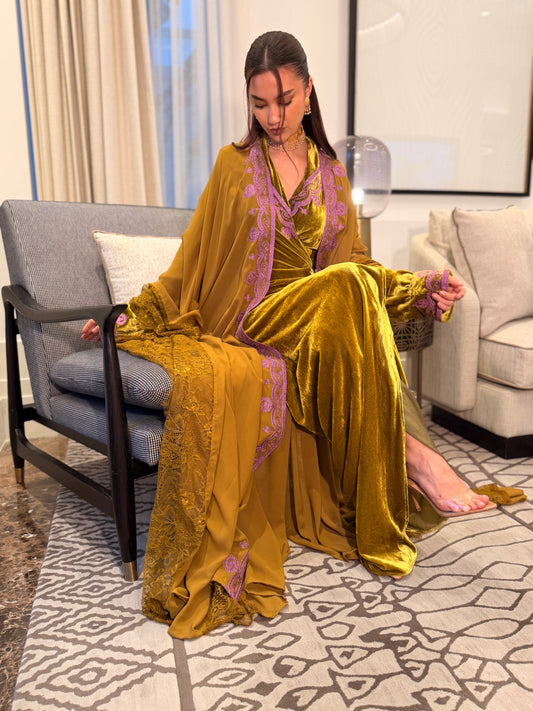 Silk Velvet Wrap Dress in Mustard with Lilac Embroidery and Chiffon Cape