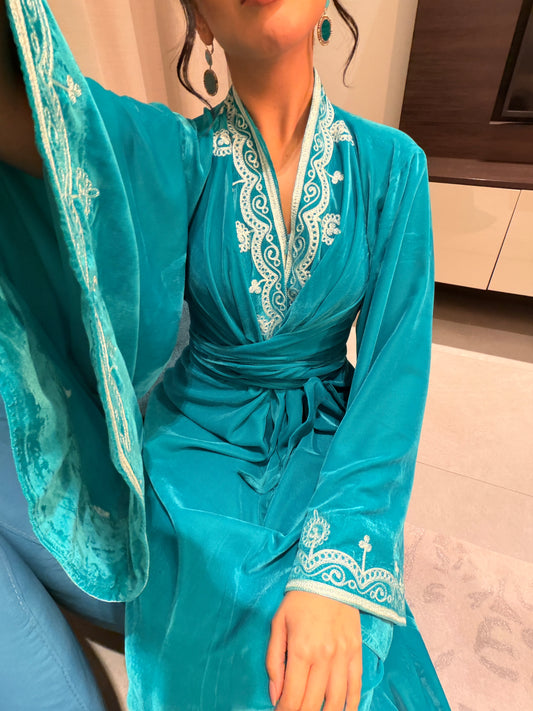 Turquoise Velvet Wrap Kaftan with Jade Embroidery