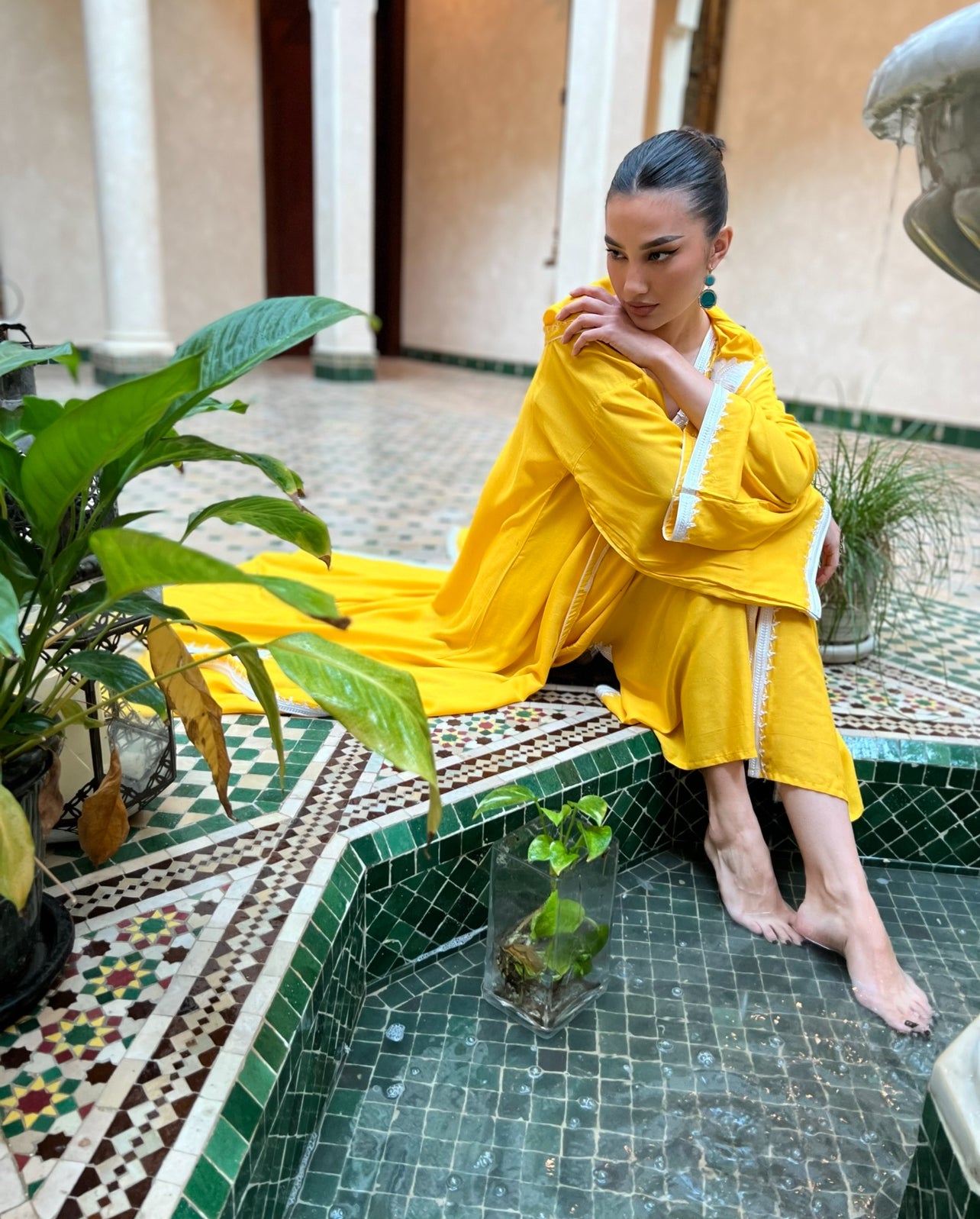 Mustard Moroccan Two-Piece Hooded Caftan in Light Cotton: Perfect for Home Gatherings