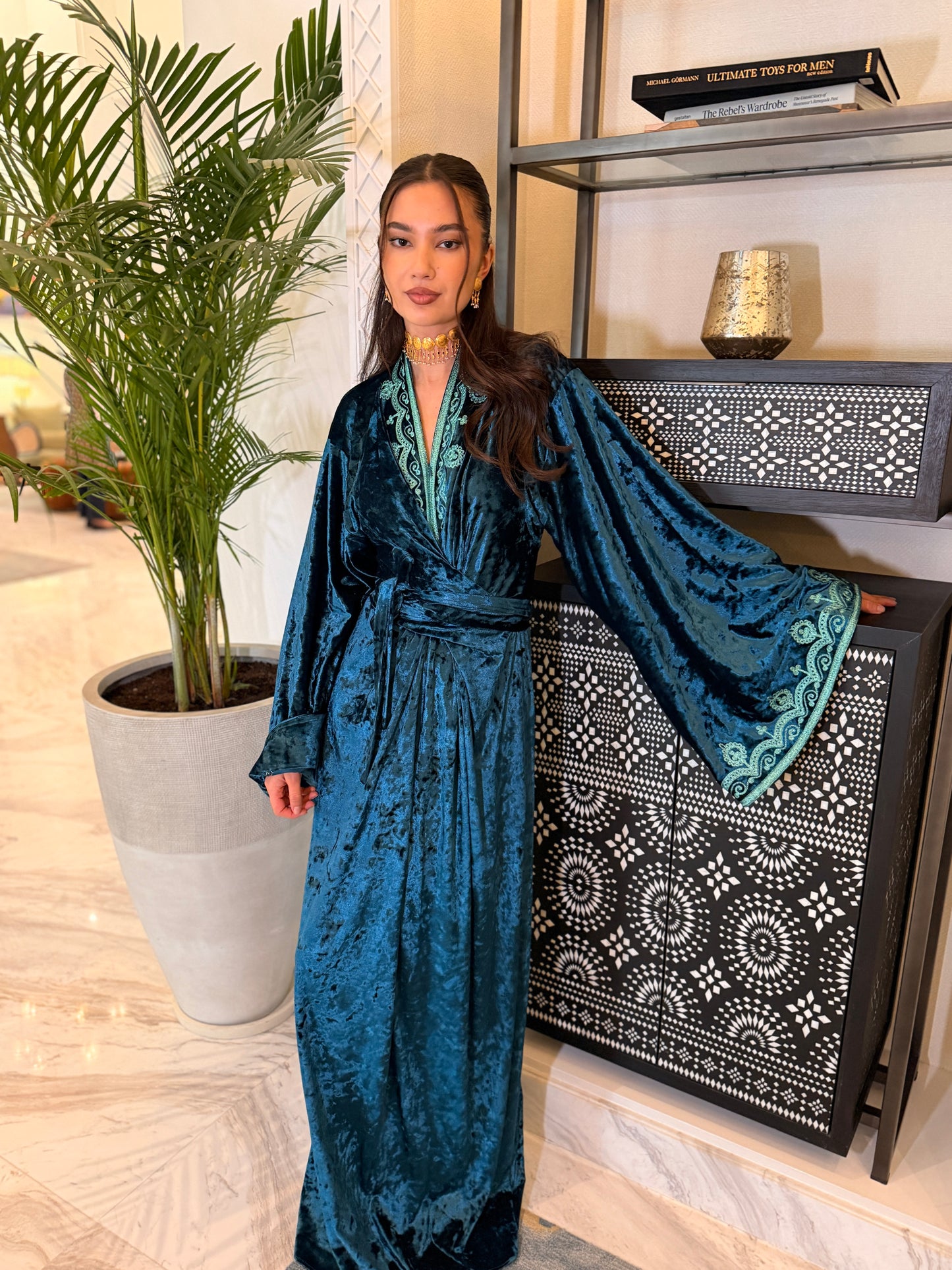 Deep Teal Velvet Wrap Kaftan with Turquoise Embroidery