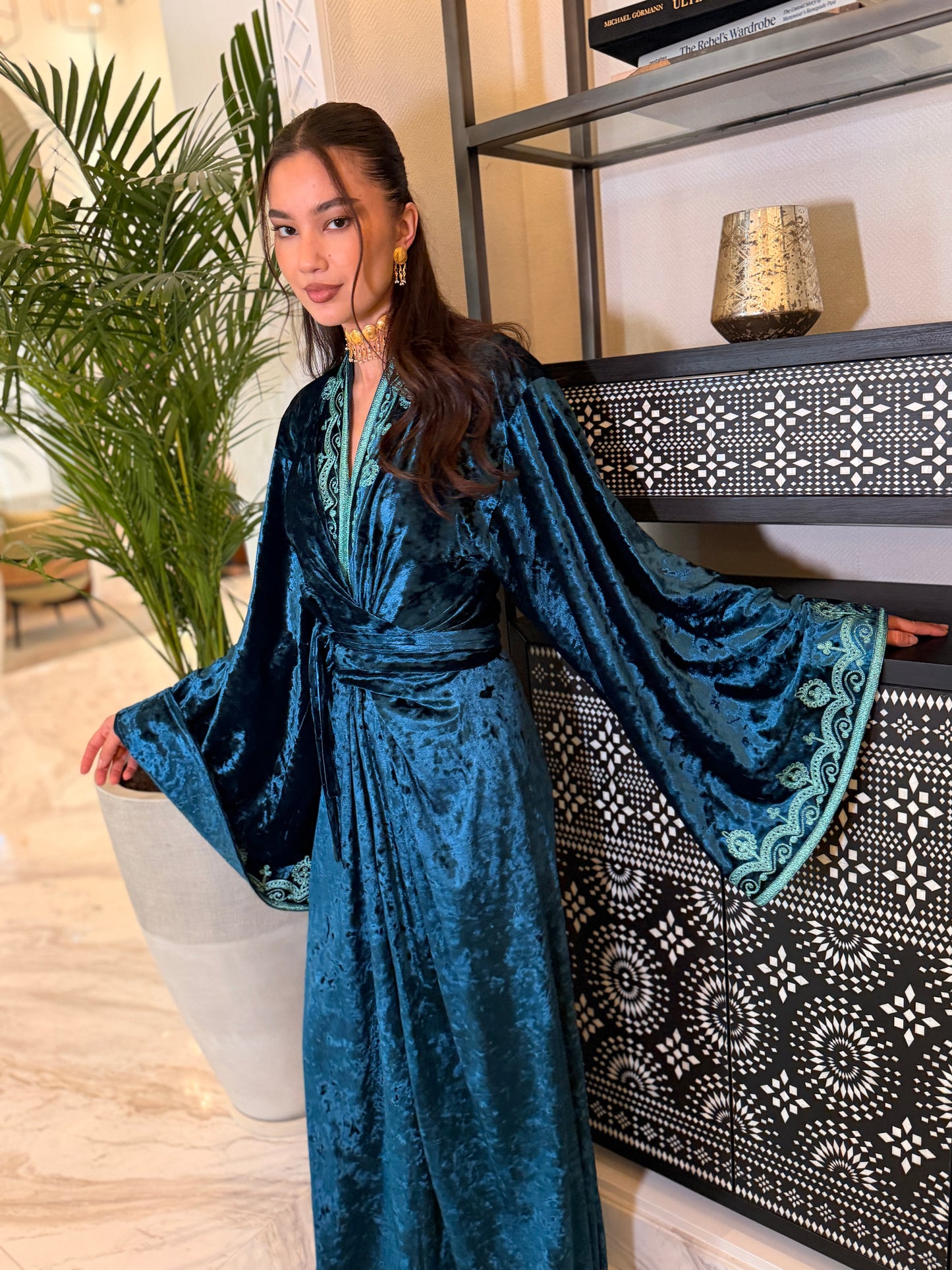 Deep Teal Velvet Wrap Kaftan with Turquoise Embroidery