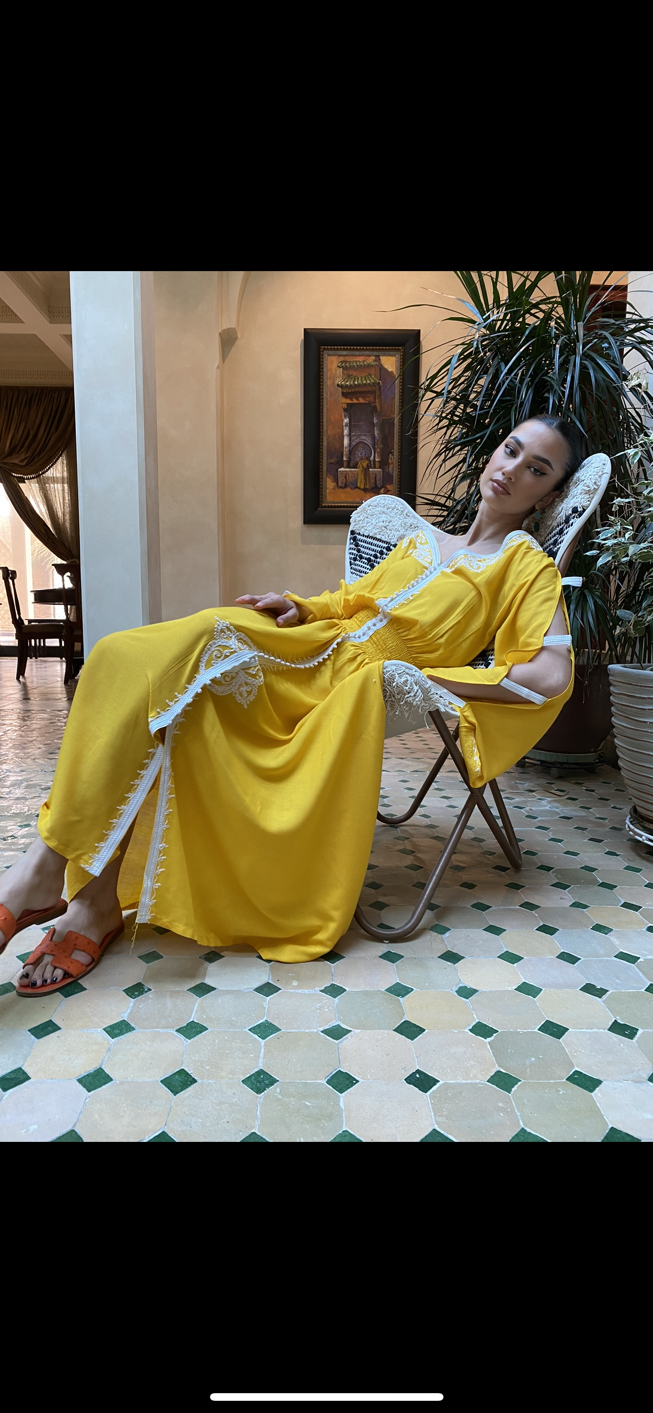 Elegant Mustard Yellow Home Caftan in Light Cotton with White Sfifa and Delicate Embroidery