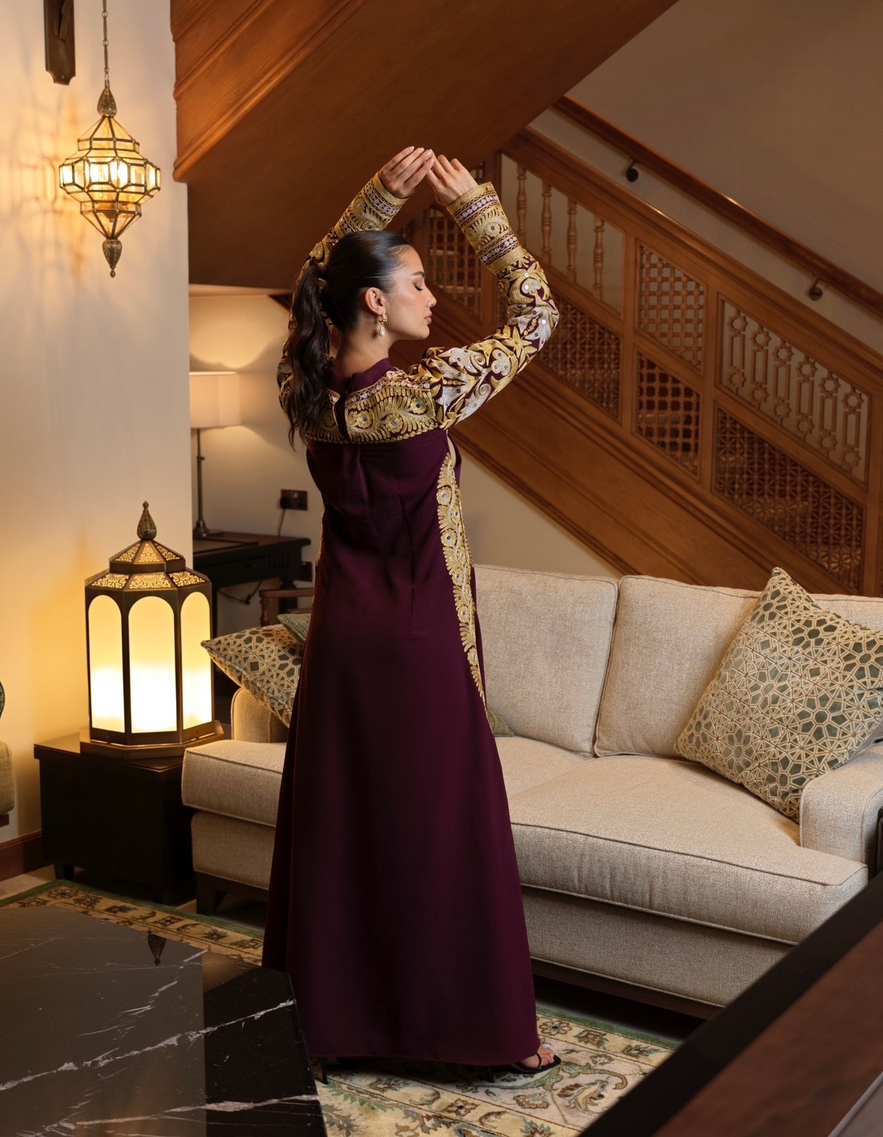 Crepe Maroon Cut-Out Jalabya with Bahraini Gold and Silver Embroidery