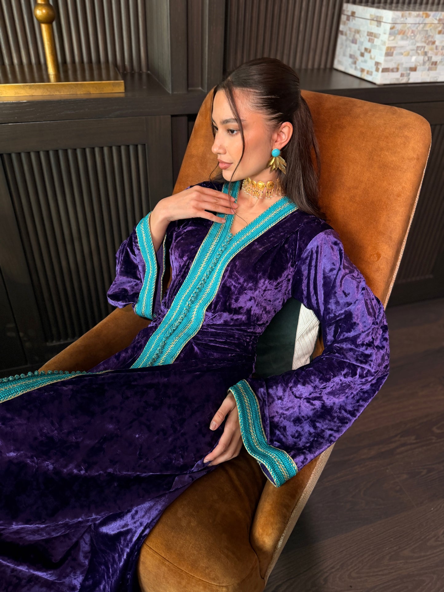 Purple Velvet Kaftan with Turquoise Moroccan Sfifa