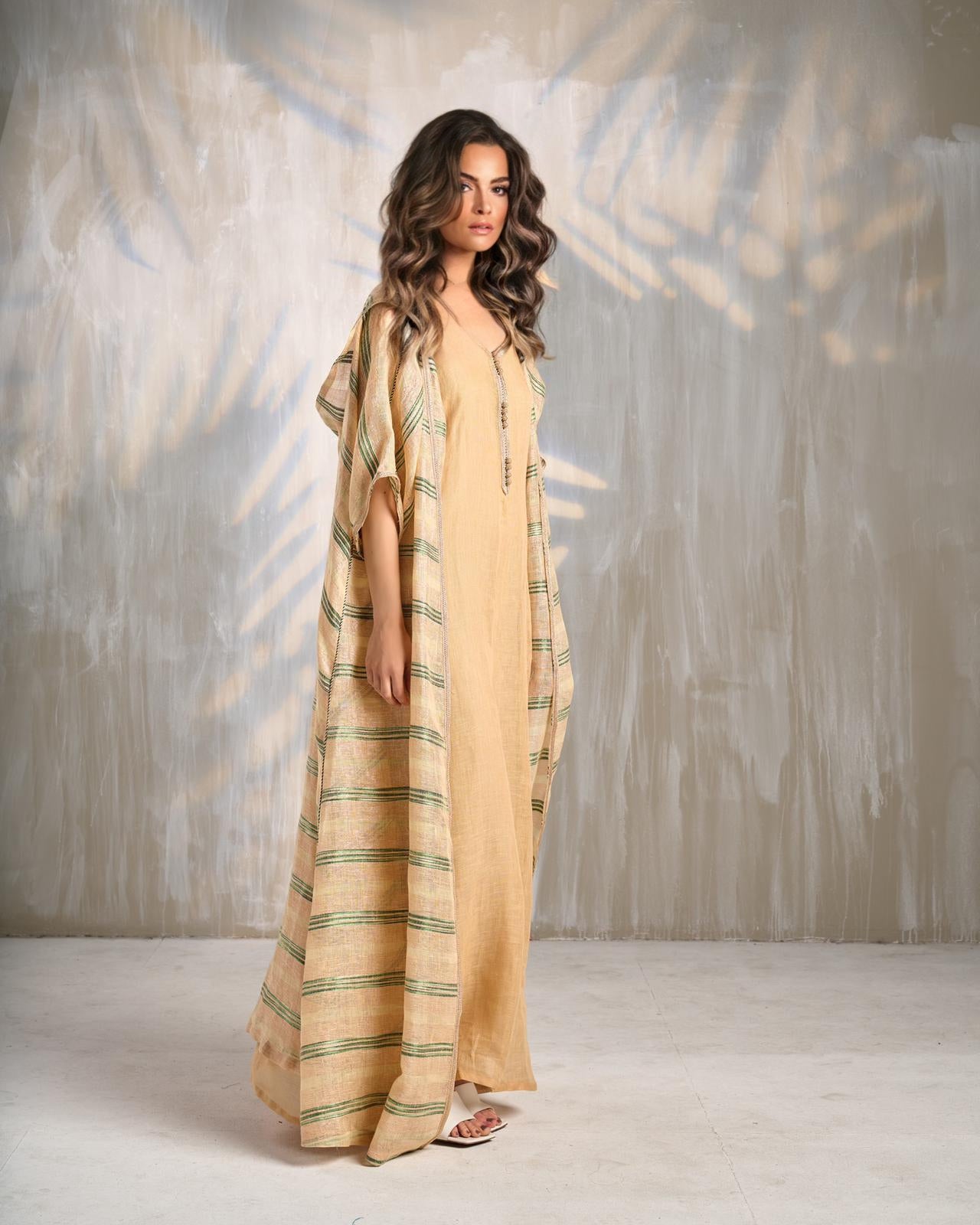 Moroccan Two-Piece Linen Caftan with Rose Gold Sfefa