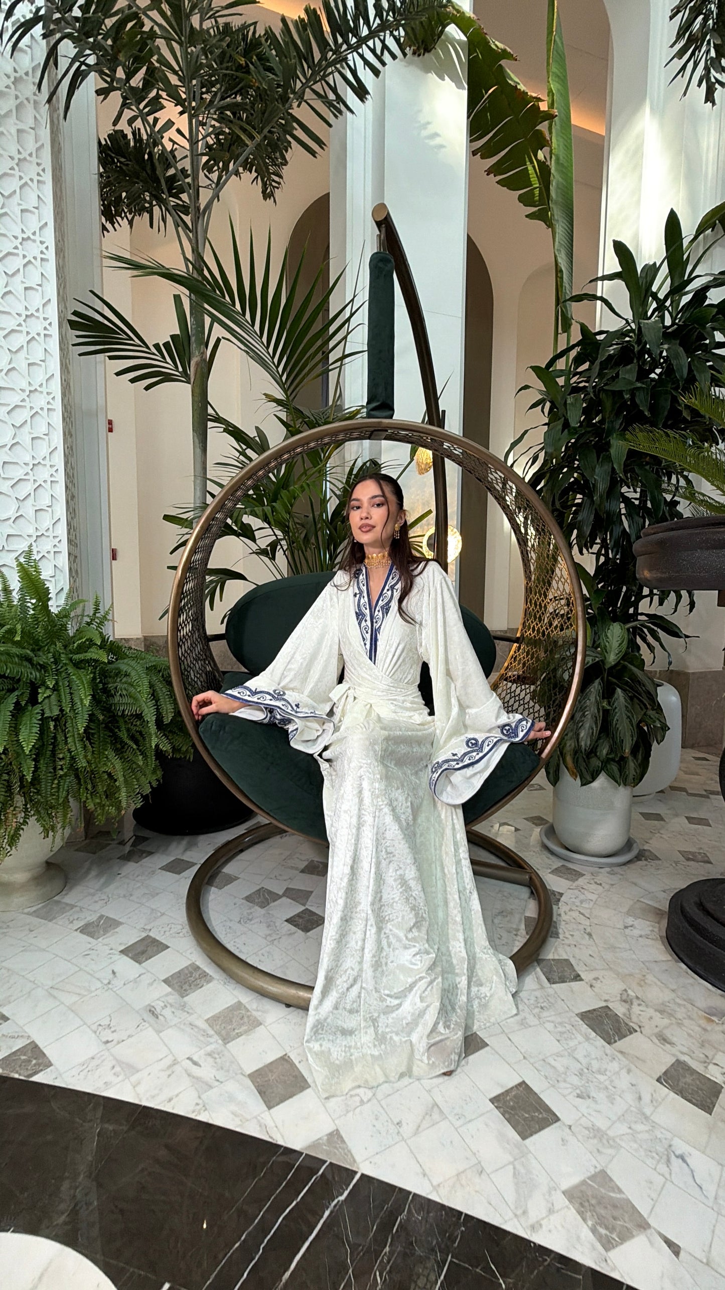 Ivory Velvet Wrap Kaftan with Blue Embroidery