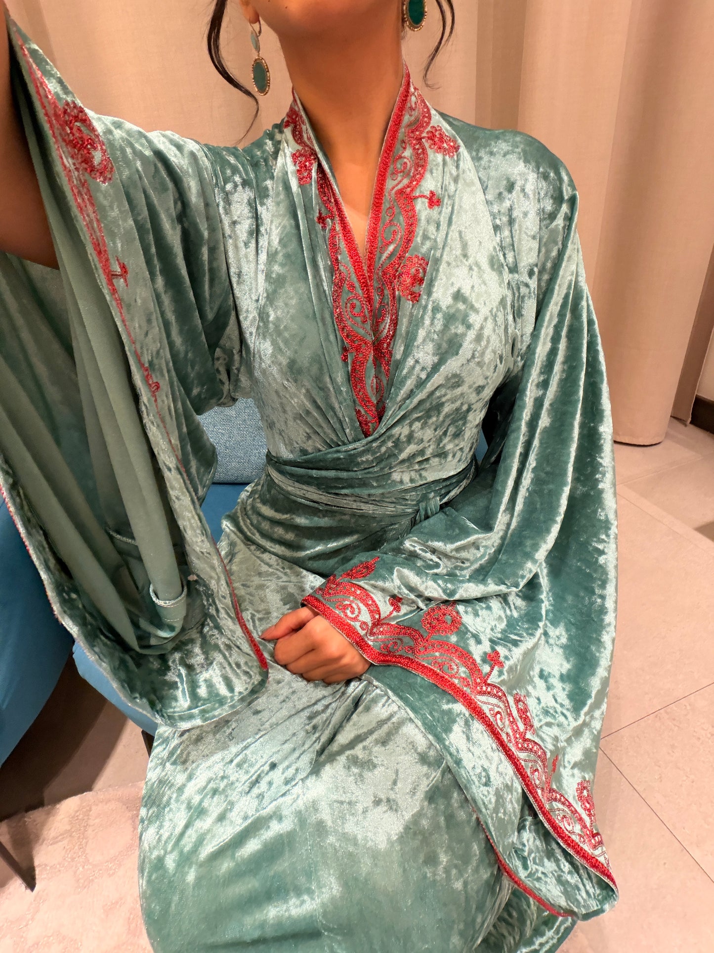 Sage Green Velvet Wrap Kaftan with Red Embroidery