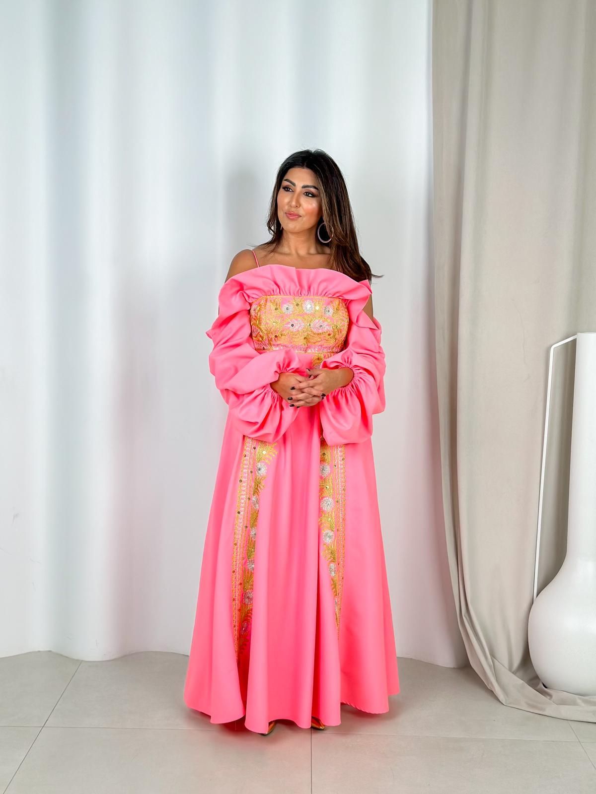 Pink Off-Shoulder Crepe Dress with Silver and Gold Embroidery