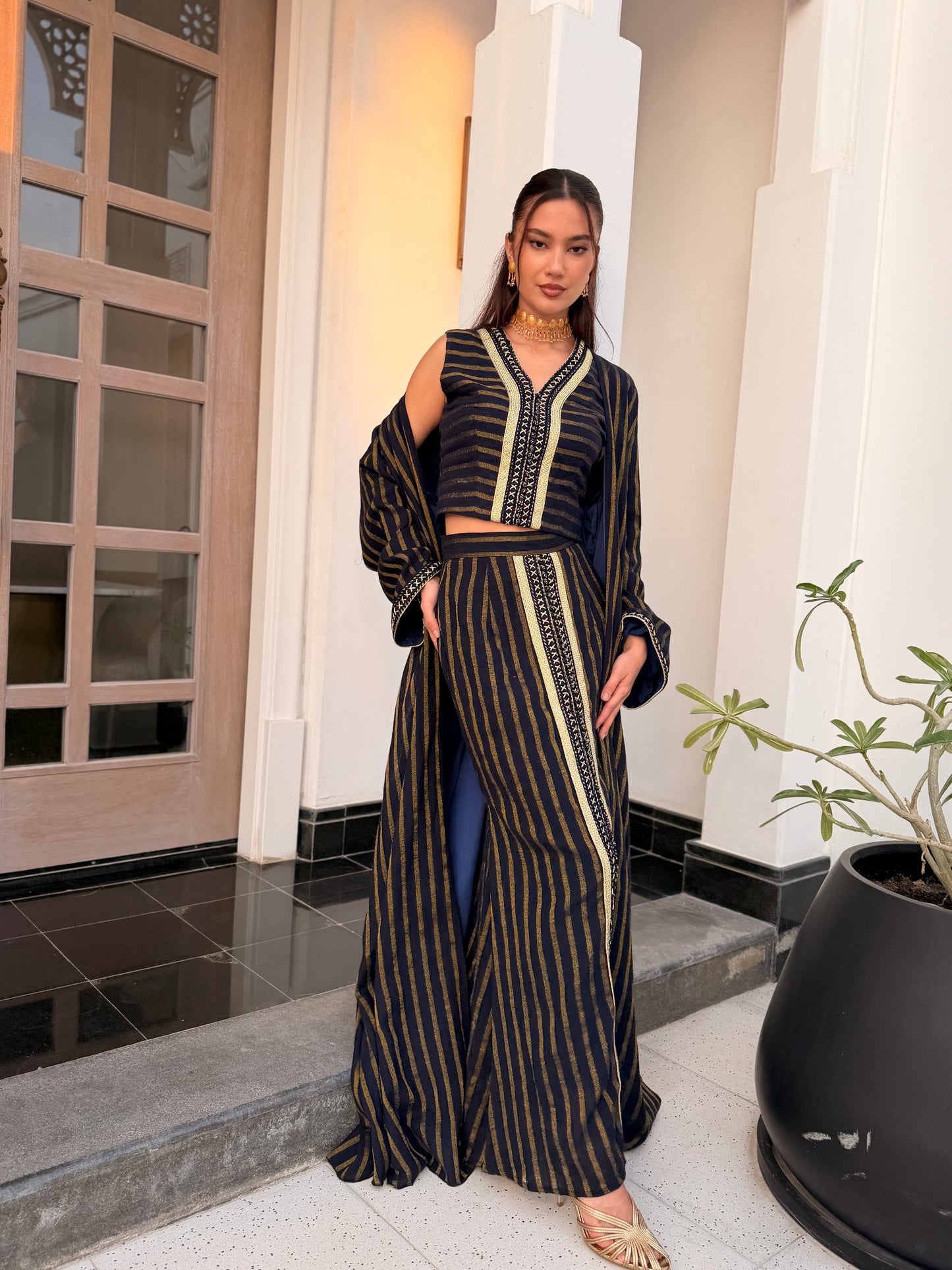 Linen Three-Piece Kaftan Set with Double Sfifa