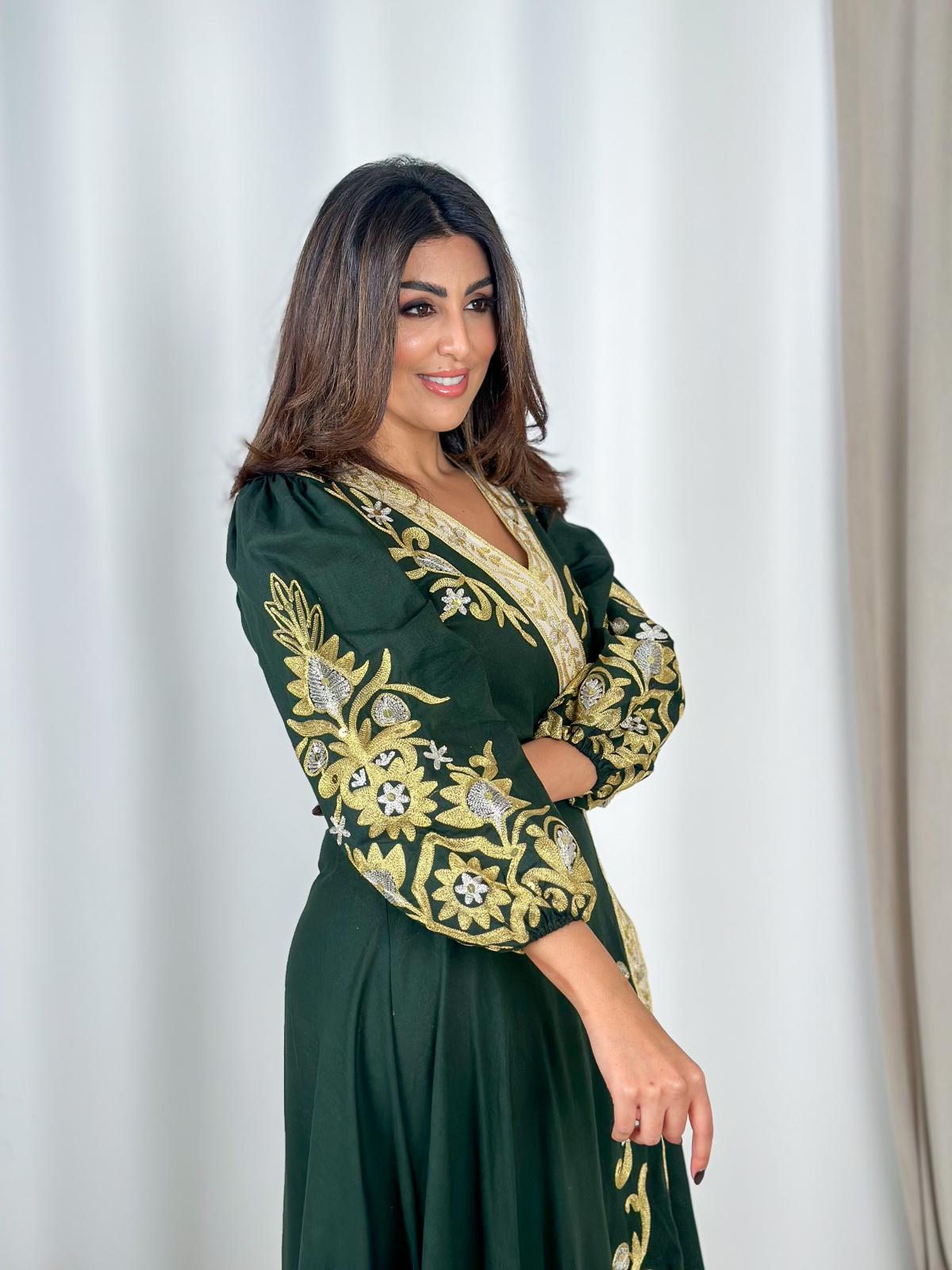 Green and Beige Embroidered Wrap Dress with Border Detail