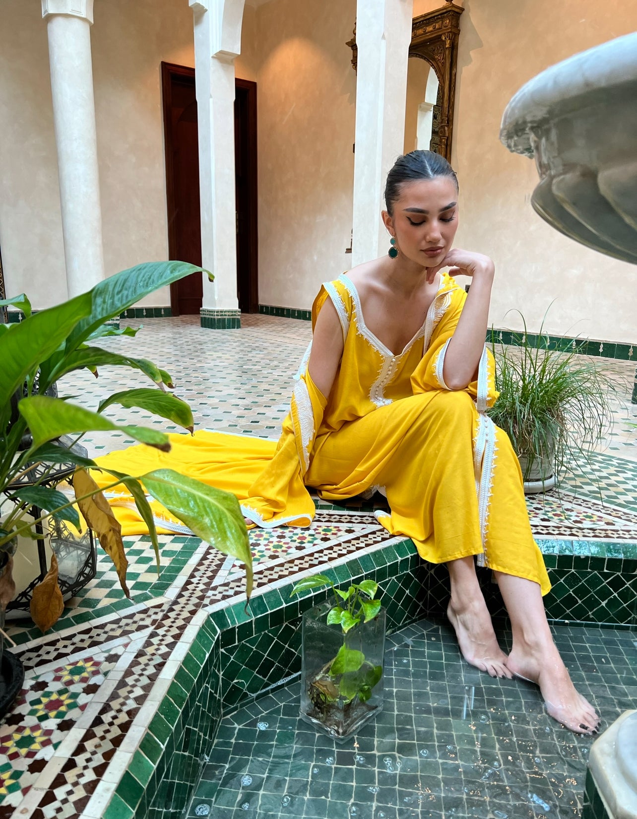 Mustard Moroccan Two-Piece Hooded Caftan in Light Cotton: Perfect for Home Gatherings