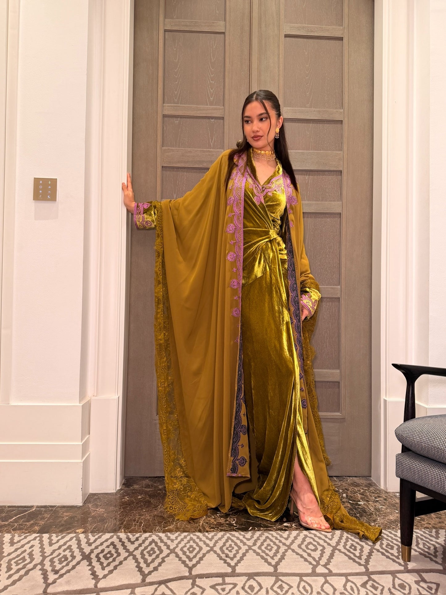 Silk Velvet Wrap Dress in Mustard with Lilac Embroidery and Chiffon Cape