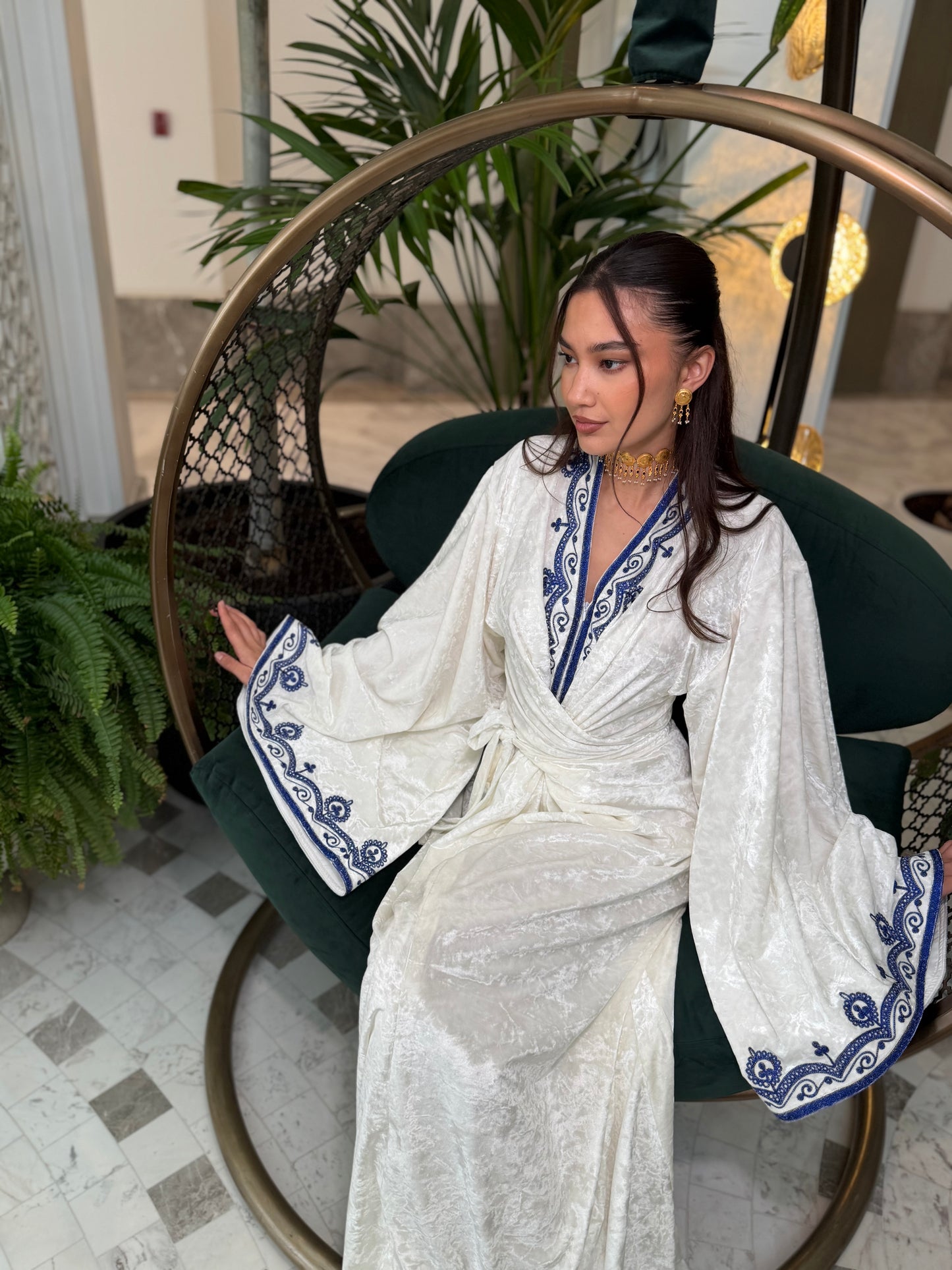 Ivory Velvet Wrap Kaftan with Blue Embroidery