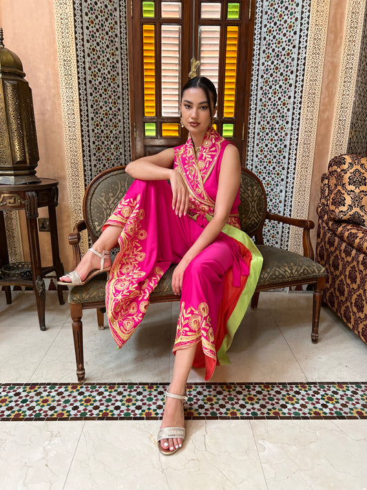 Embroidered Fuchsia Draped Set