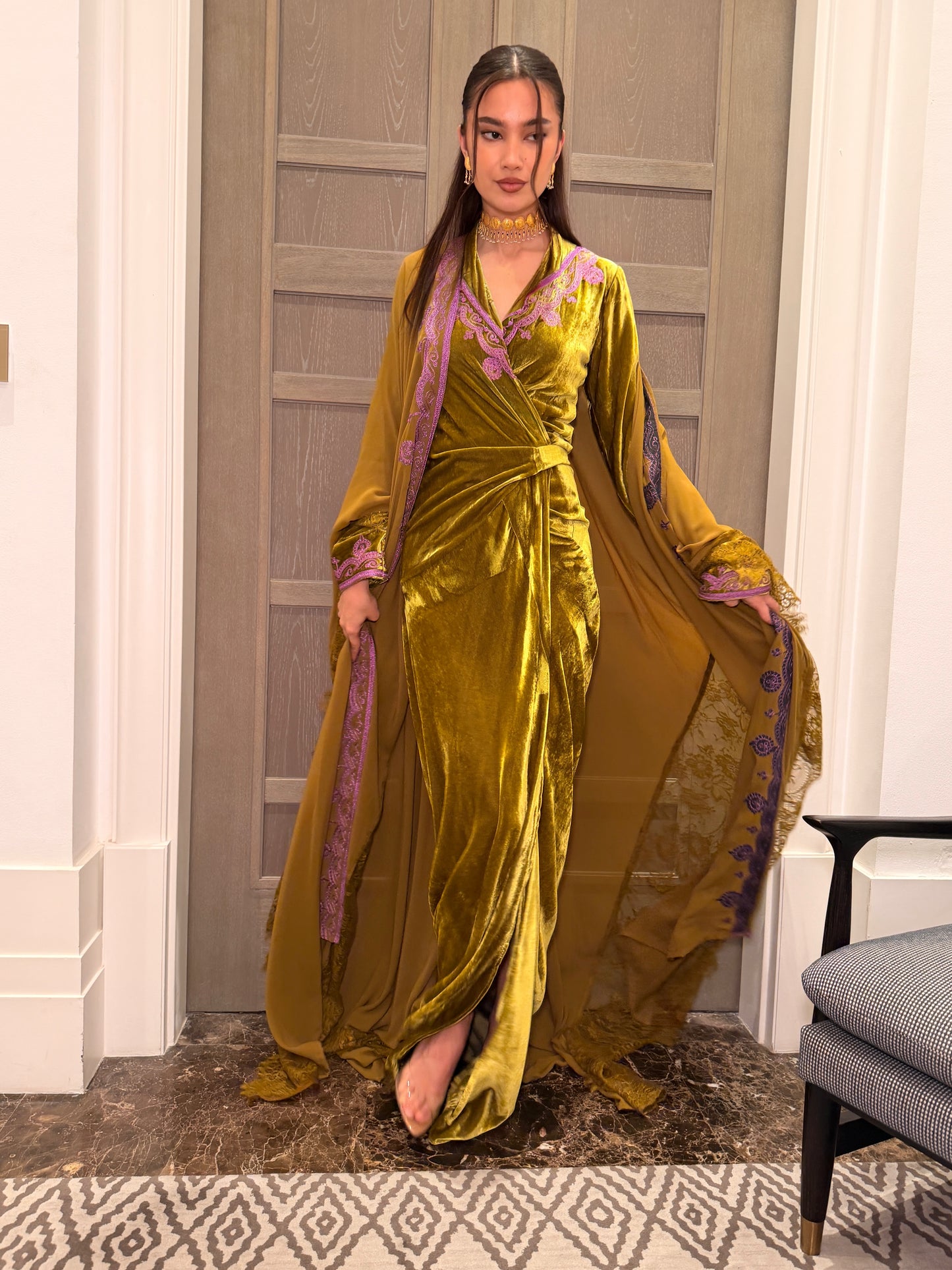 Silk Velvet Wrap Dress in Mustard with Lilac Embroidery and Chiffon Cape