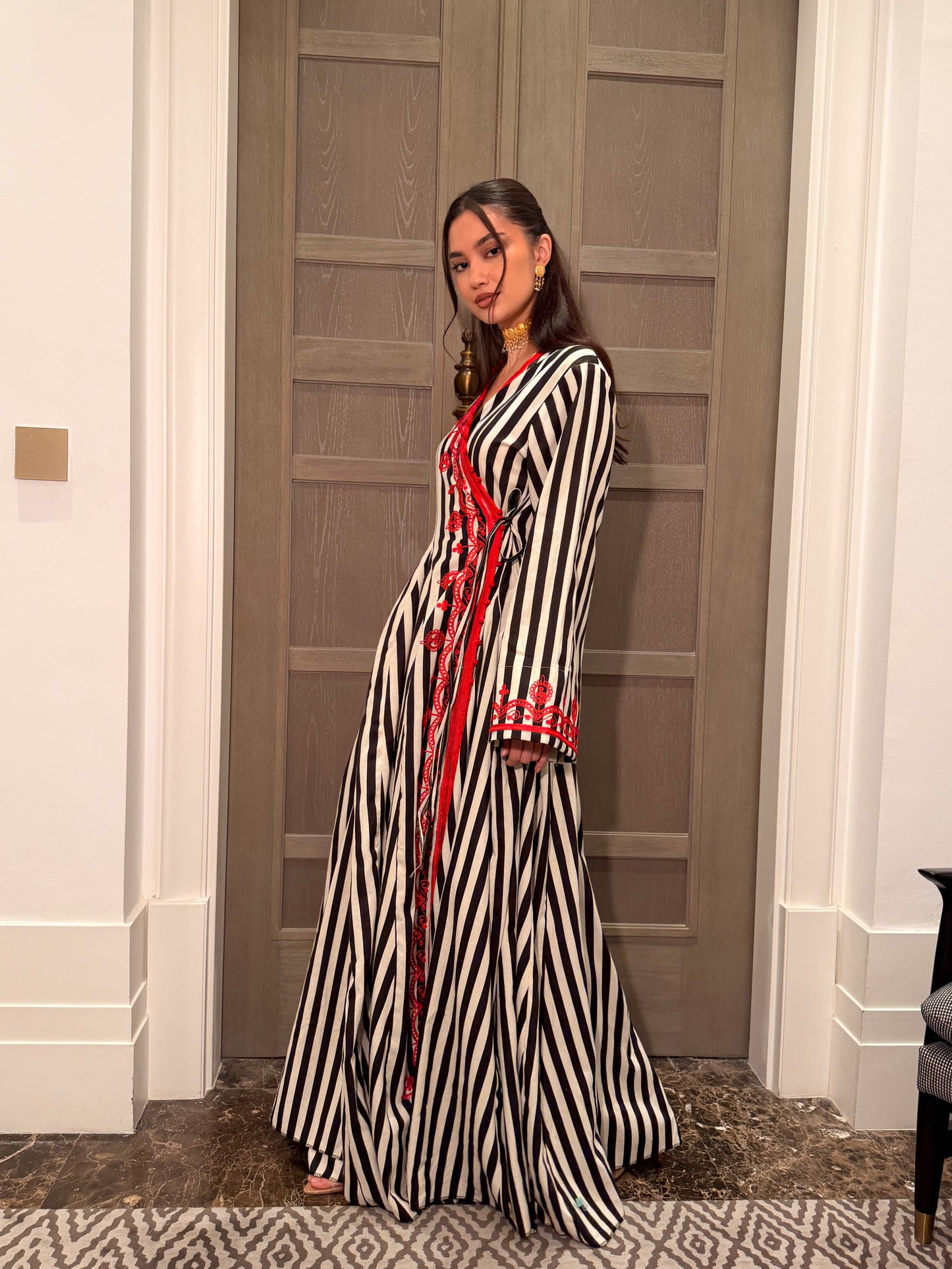 Striped Linen Kaftan with Red Sfifa