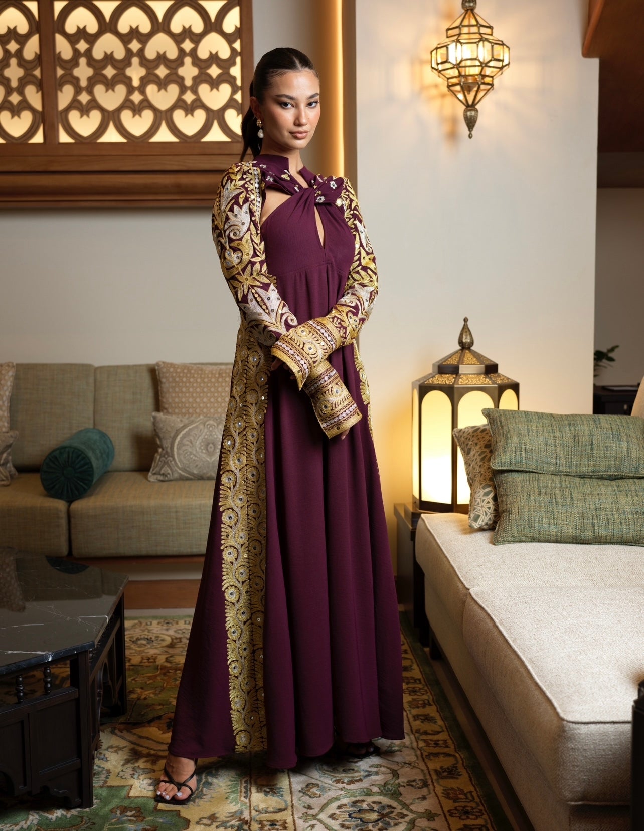 Crepe Maroon Cut-Out Jalabya with Bahraini Gold and Silver Embroidery