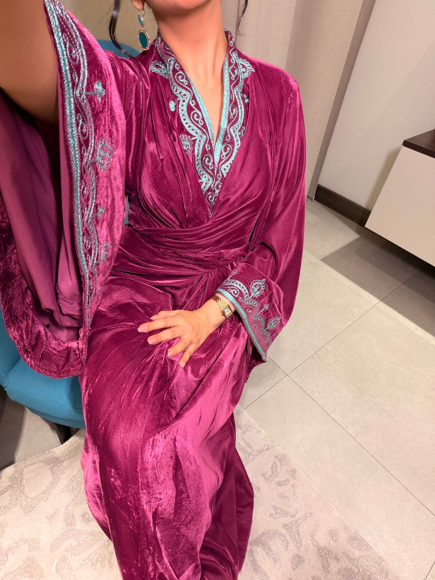 Violet Velvet Wrap Kaftan with turquoise Embroidery