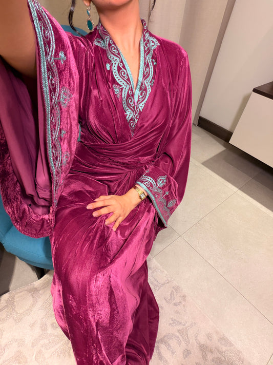 Violet Velvet Wrap Kaftan with turquoise Embroidery
