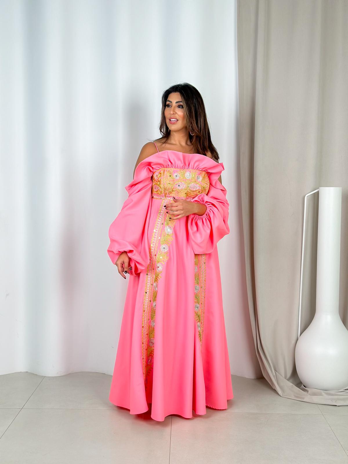 Pink Off-Shoulder Crepe Dress with Silver and Gold Embroidery