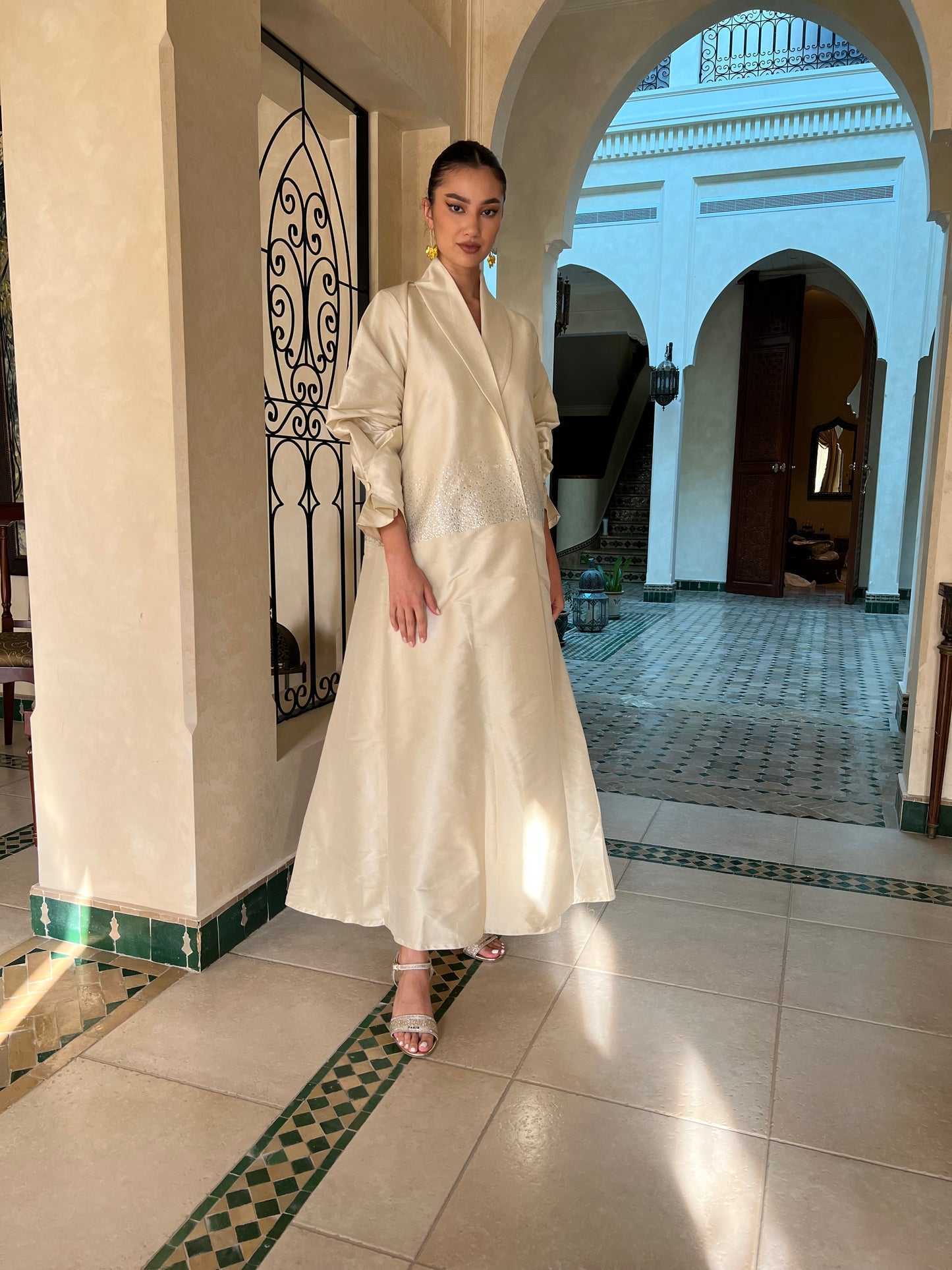 Crystal-Embellished Off-White Abaya