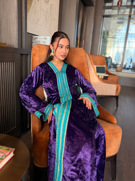 Purple Velvet Kaftan with Turquoise Moroccan Sfifa