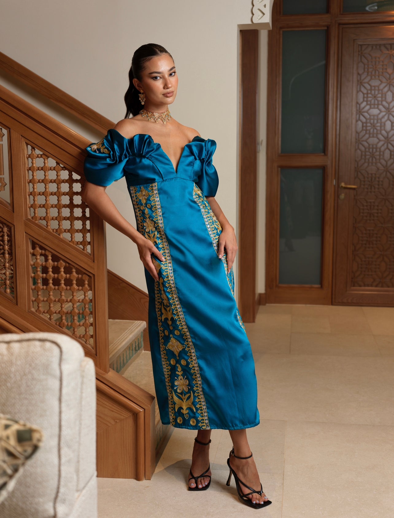 Structured Off-the-Shoulder Blue Dress with Silver and Gold Embroidery