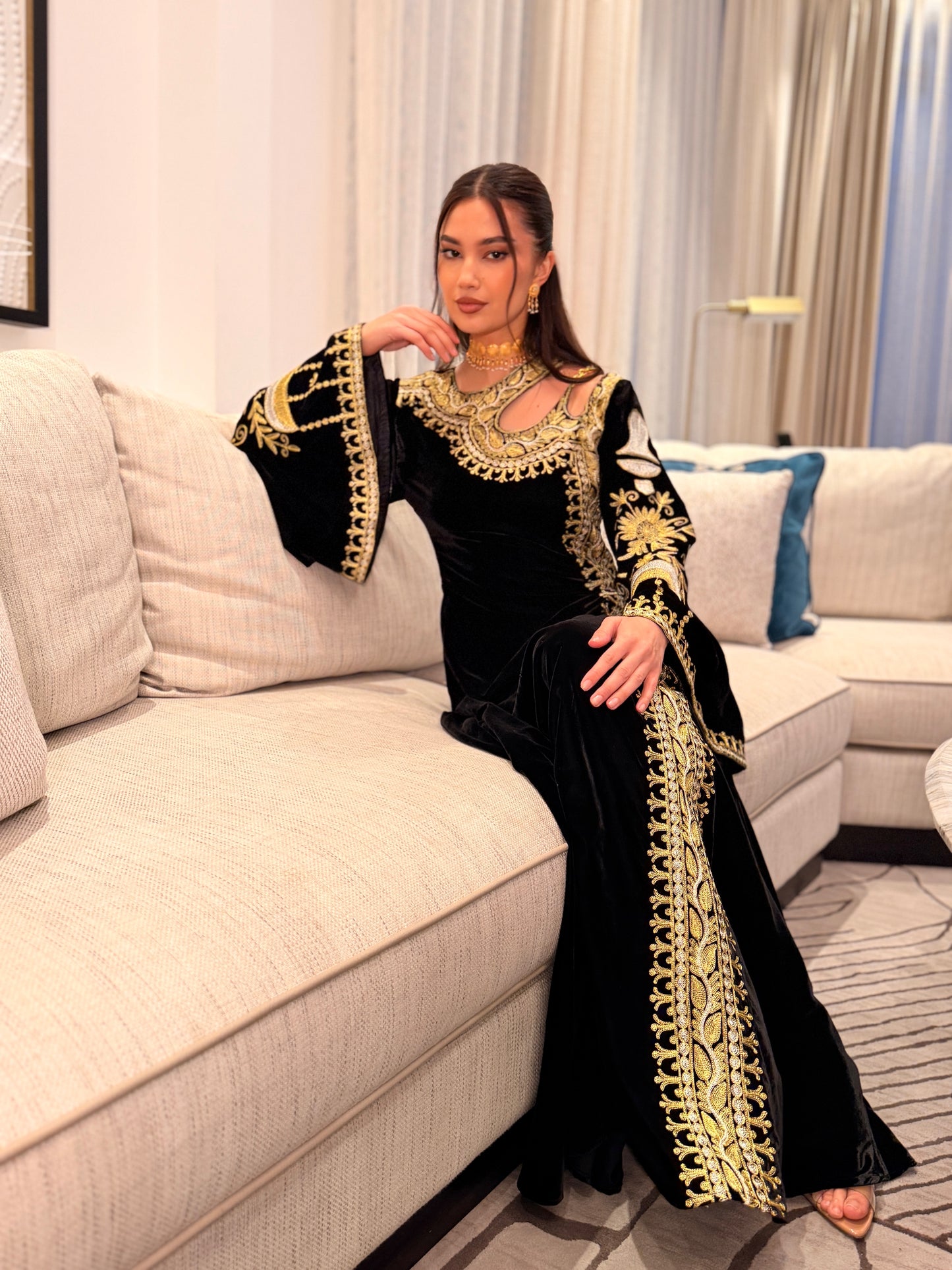 Black Velvet Dress with Chain Embroidery and Cutout Details