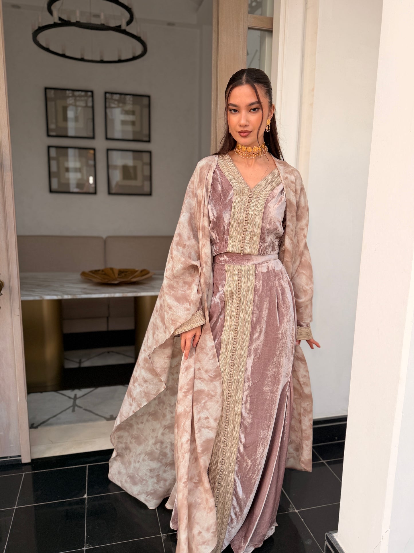 Nude Three-Piece Silk Velvet Kaftan Set with Double Sfifa