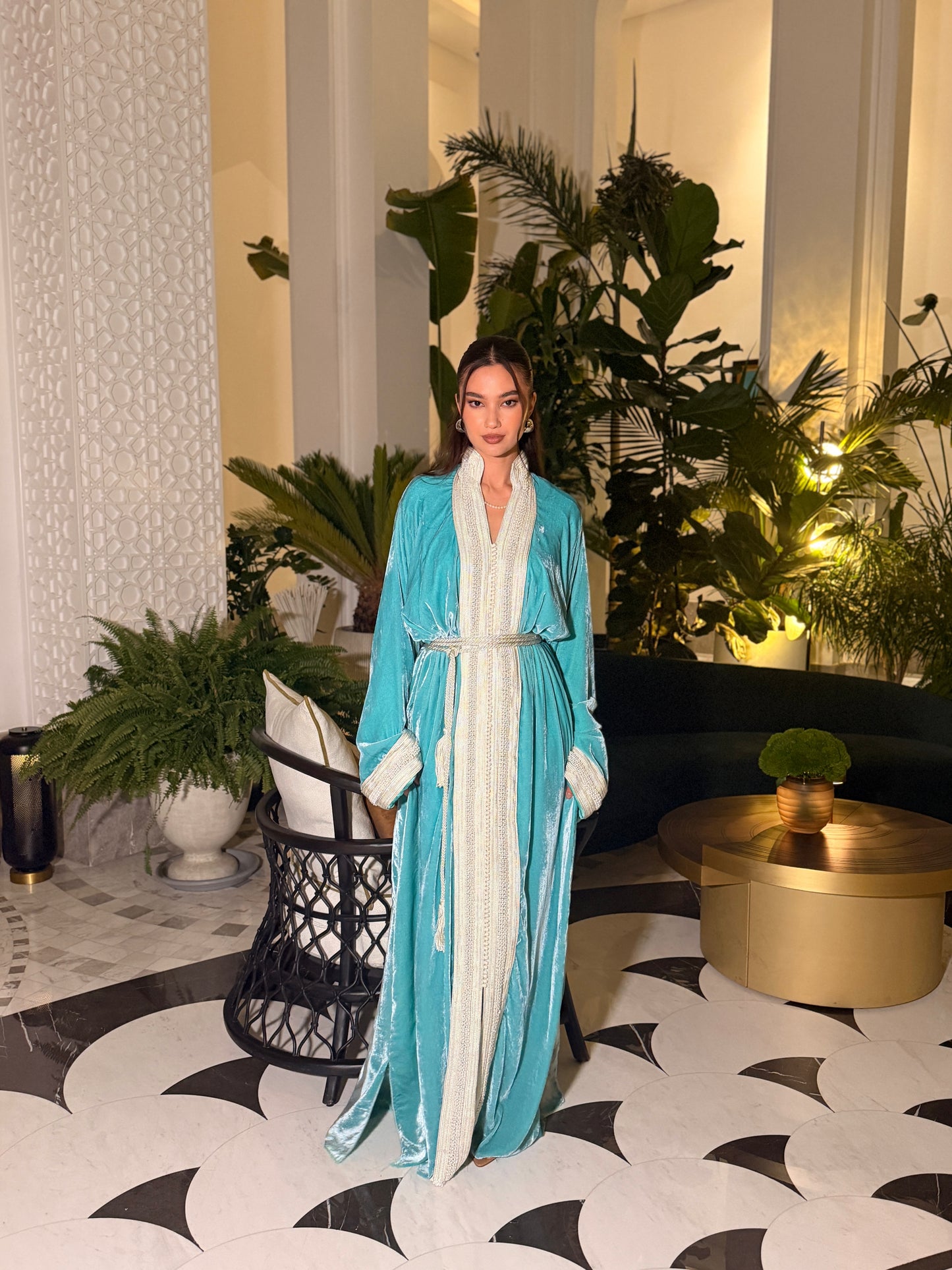 Turquoise Velvet Kaftan with Double Sfifa and Pearl Details