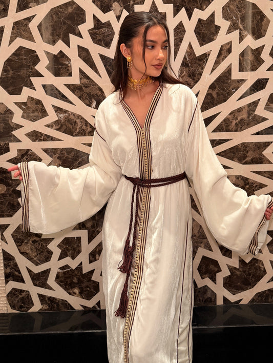 White Silk Caftan with Moroccan Braided Sfifa