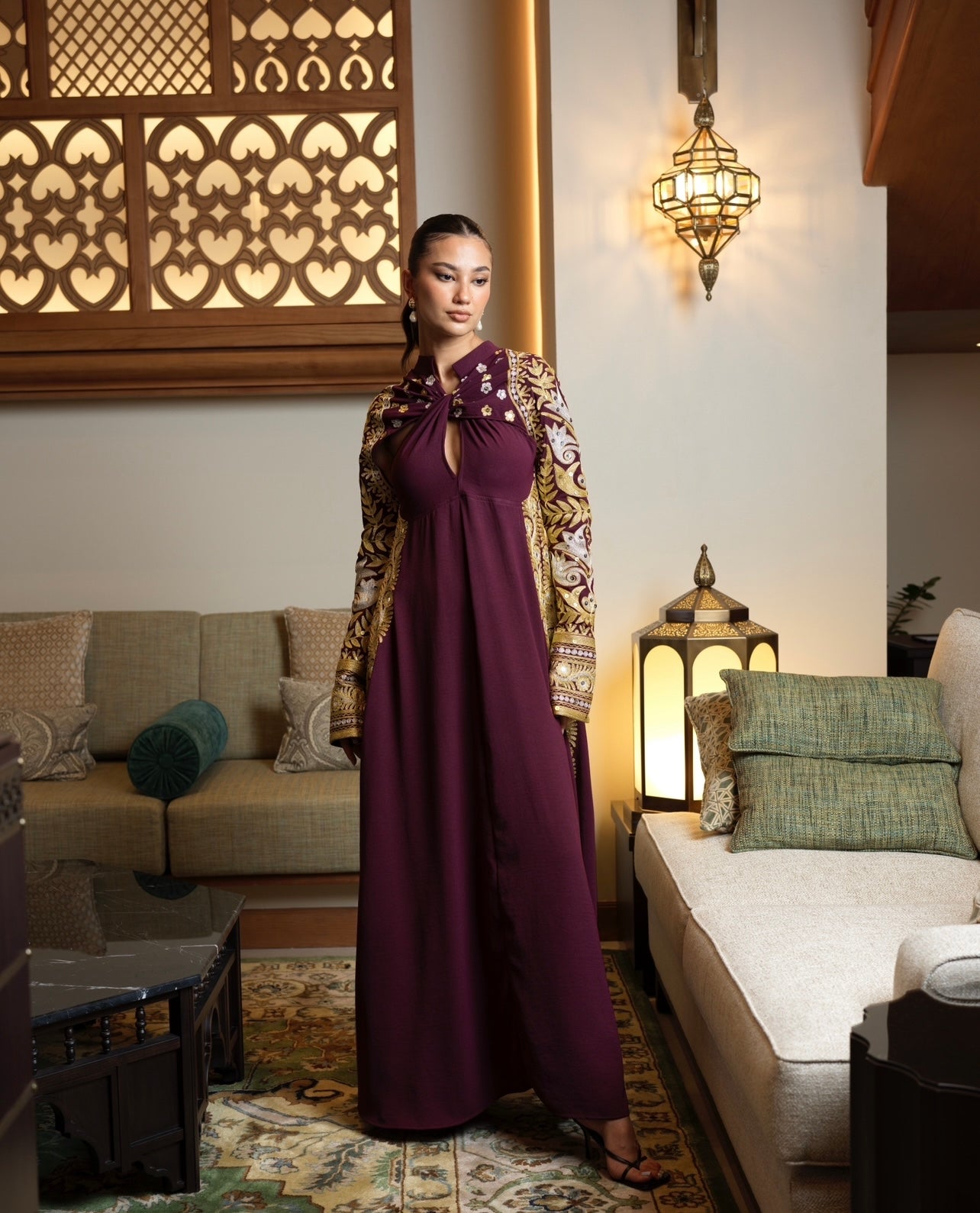 Crepe Maroon Cut-Out Jalabya with Bahraini Gold and Silver Embroidery