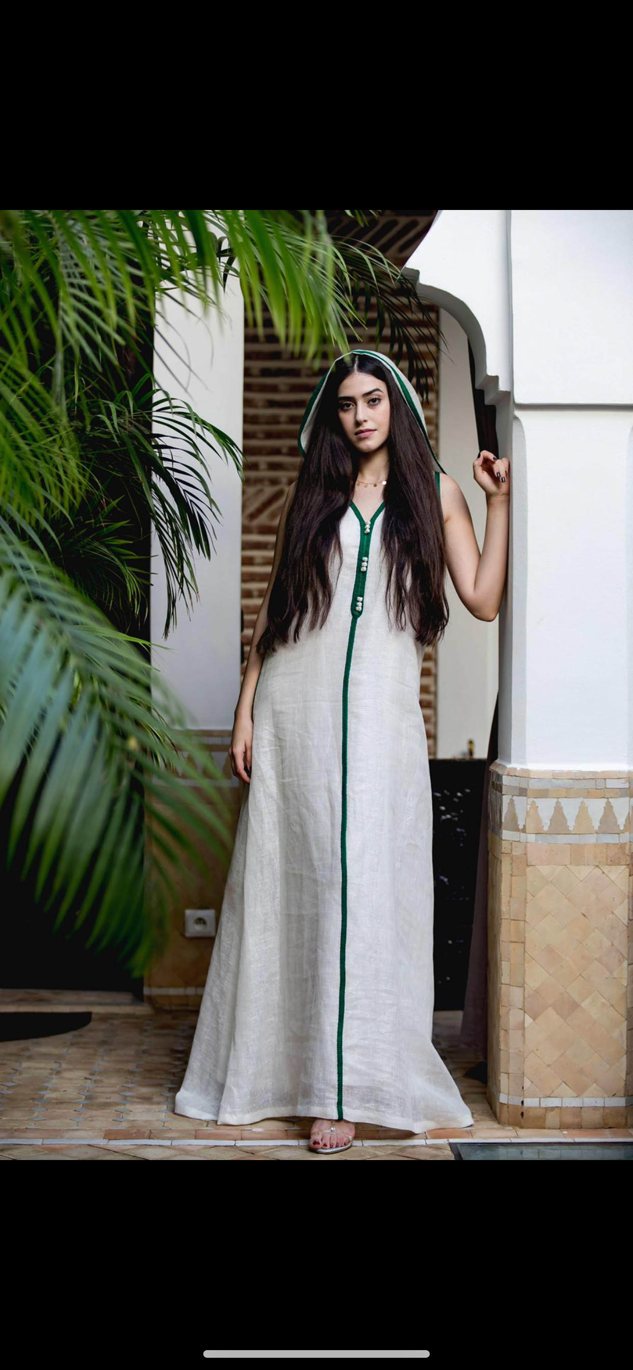 Hooded Moroccan Caftan in Sleeveless Green Linen with Sfifa Detail