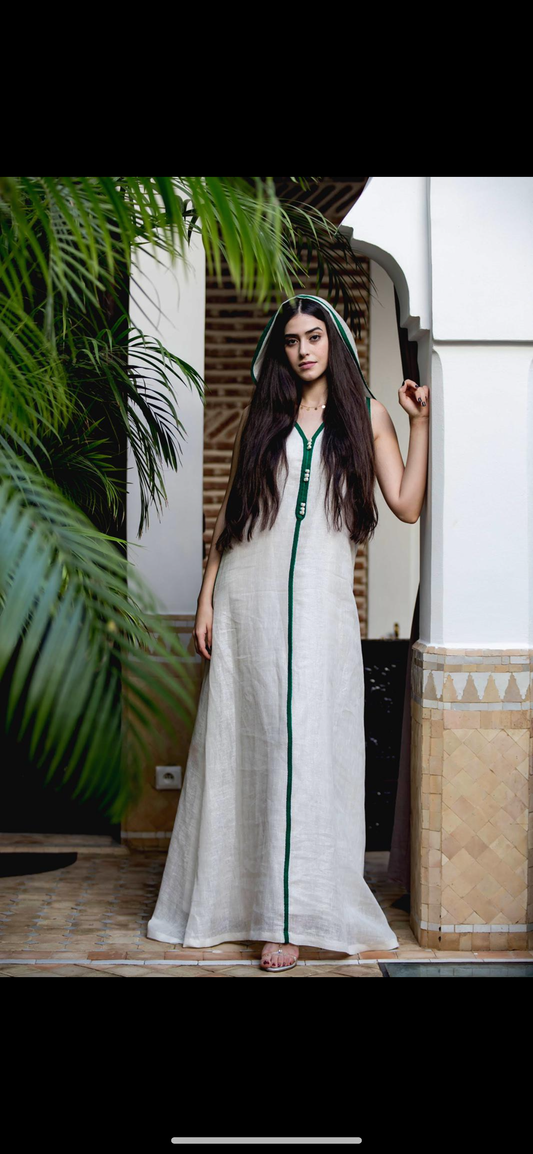 Hooded Moroccan Caftan in Sleeveless Green Linen with Sfifa Detail