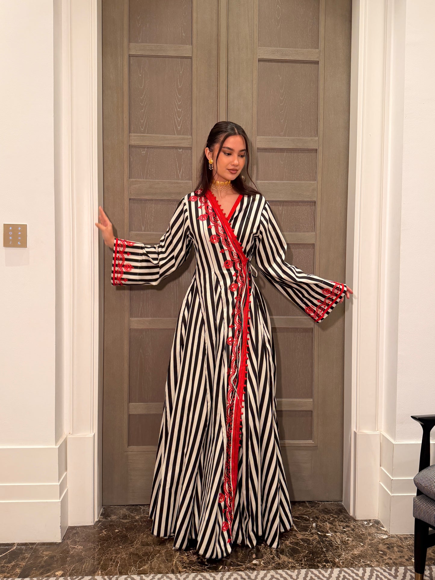 Striped Linen Kaftan with Red Sfifa
