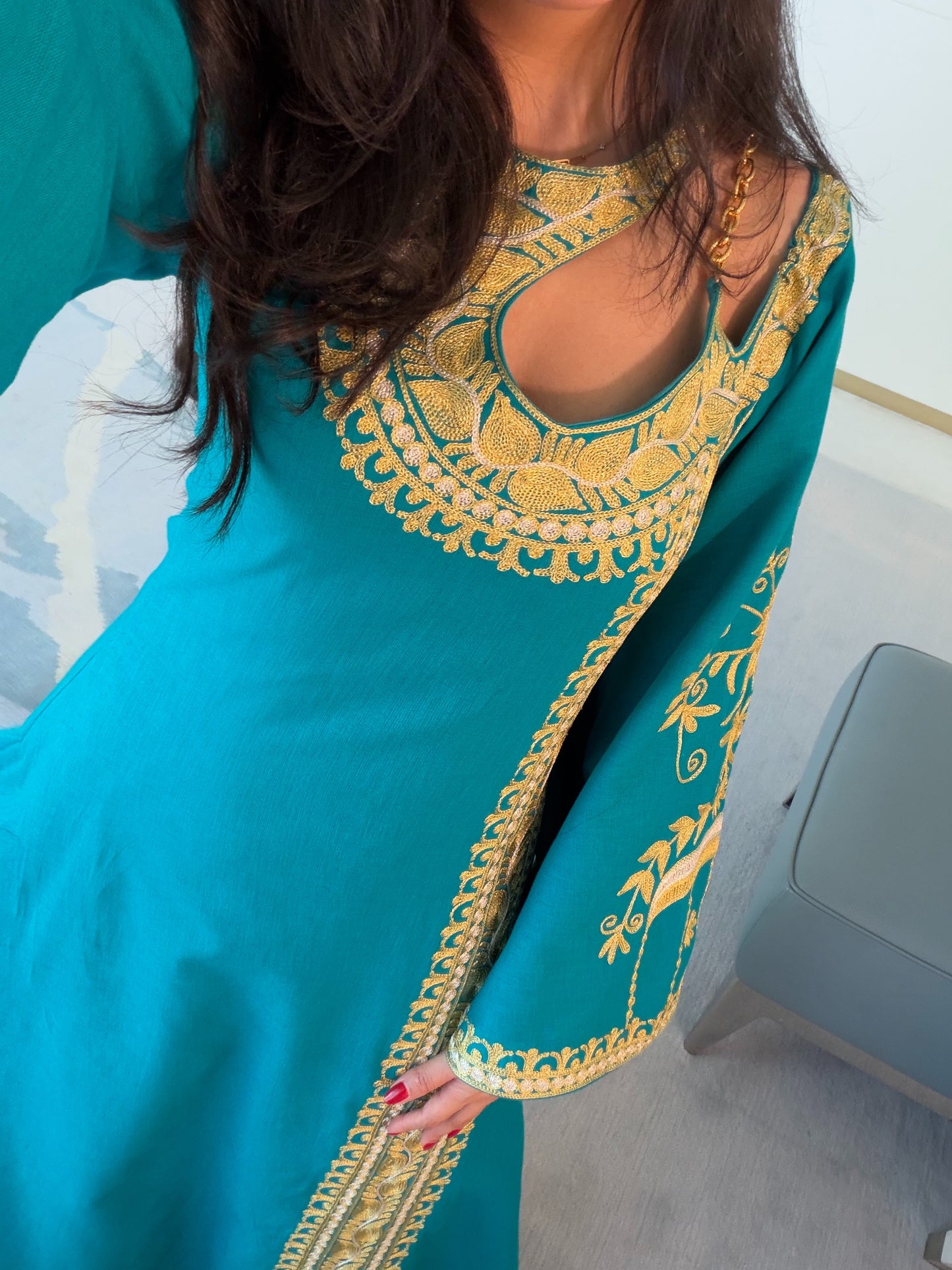 Turquoise Embroidered Jalabiya with Gold Chain Detail