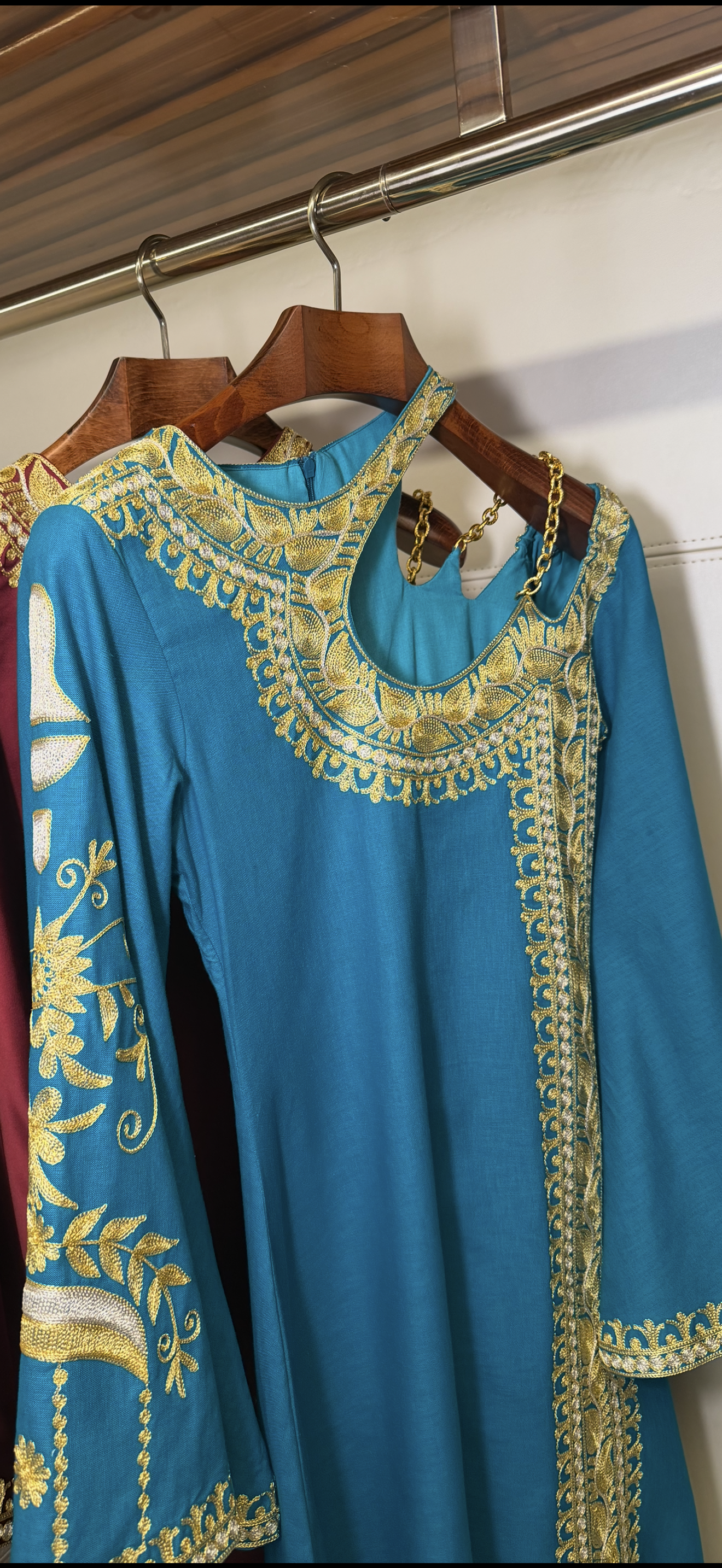 Turquoise Embroidered Jalabiya with Gold Chain Detail