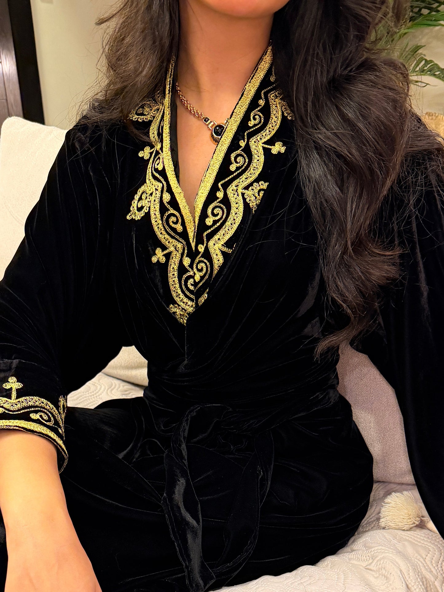 Black Velvet Wrap Kaftan with gold Embroidery
